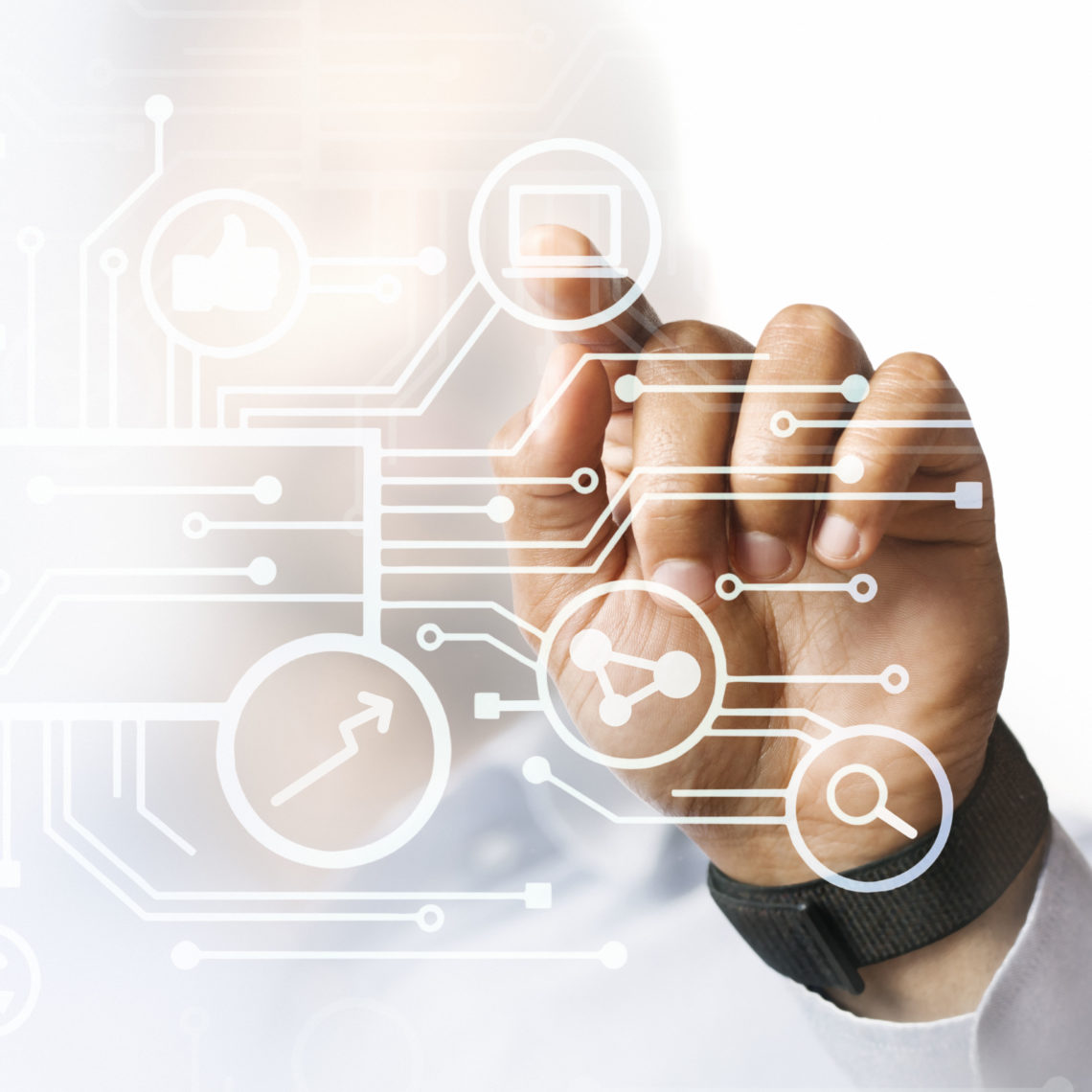 Businessman pointing at his presentation on the futuristic digital screen