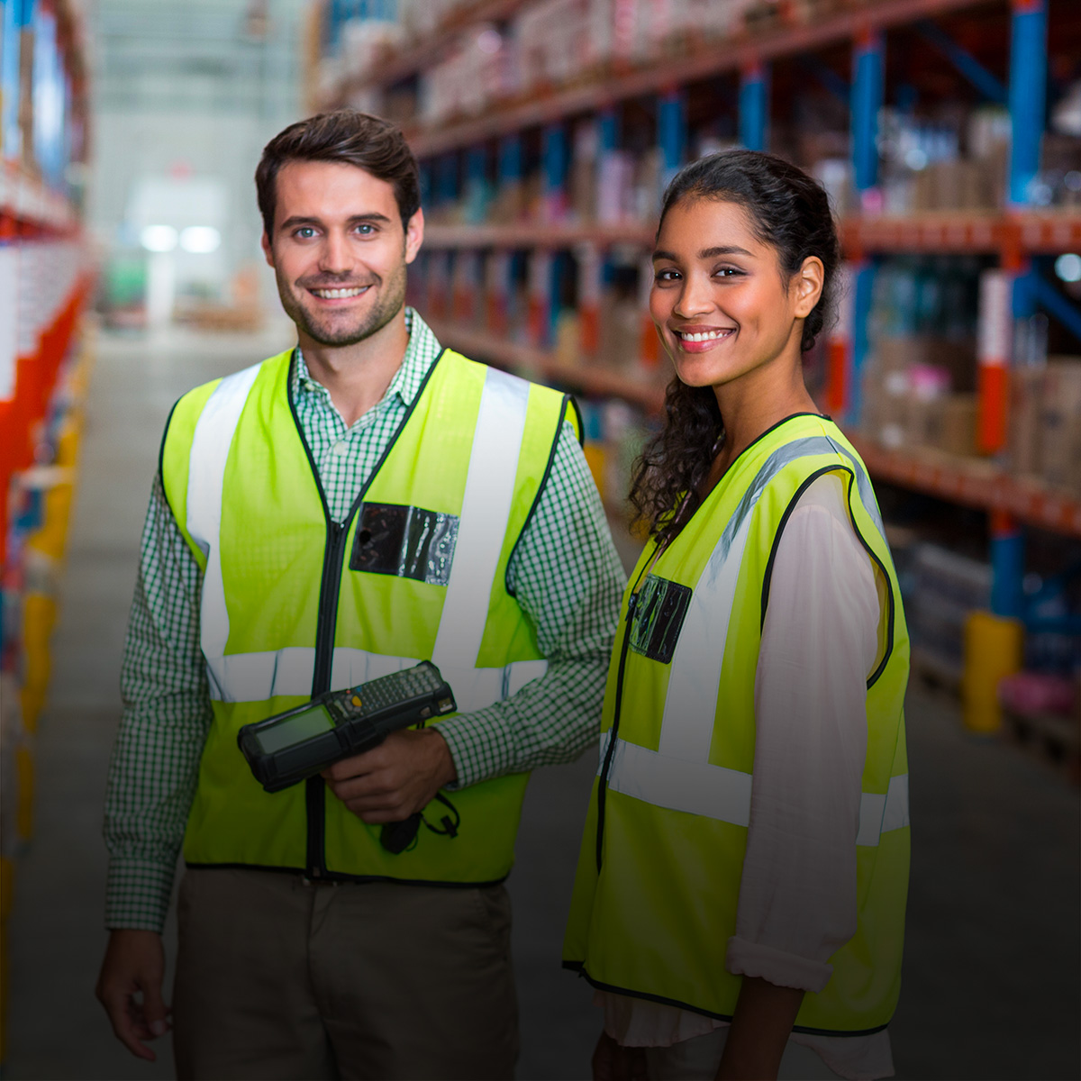 Two warehouse workers in safety vests smiling at the camera while standing in a storage facility.