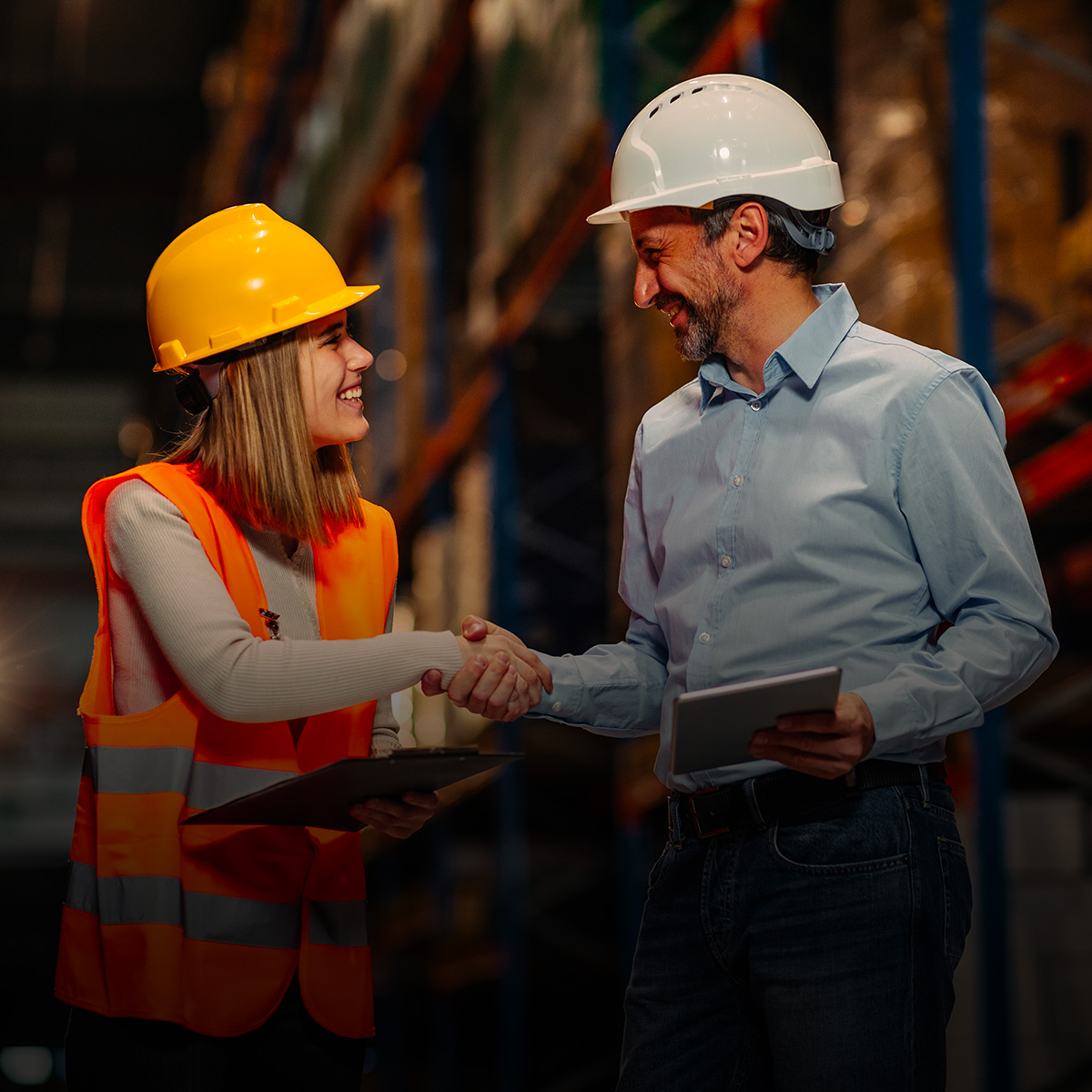 Two customer-focused workers in hard hats shaking hands in a warehouse, smiling, with one holding a digital tablet.