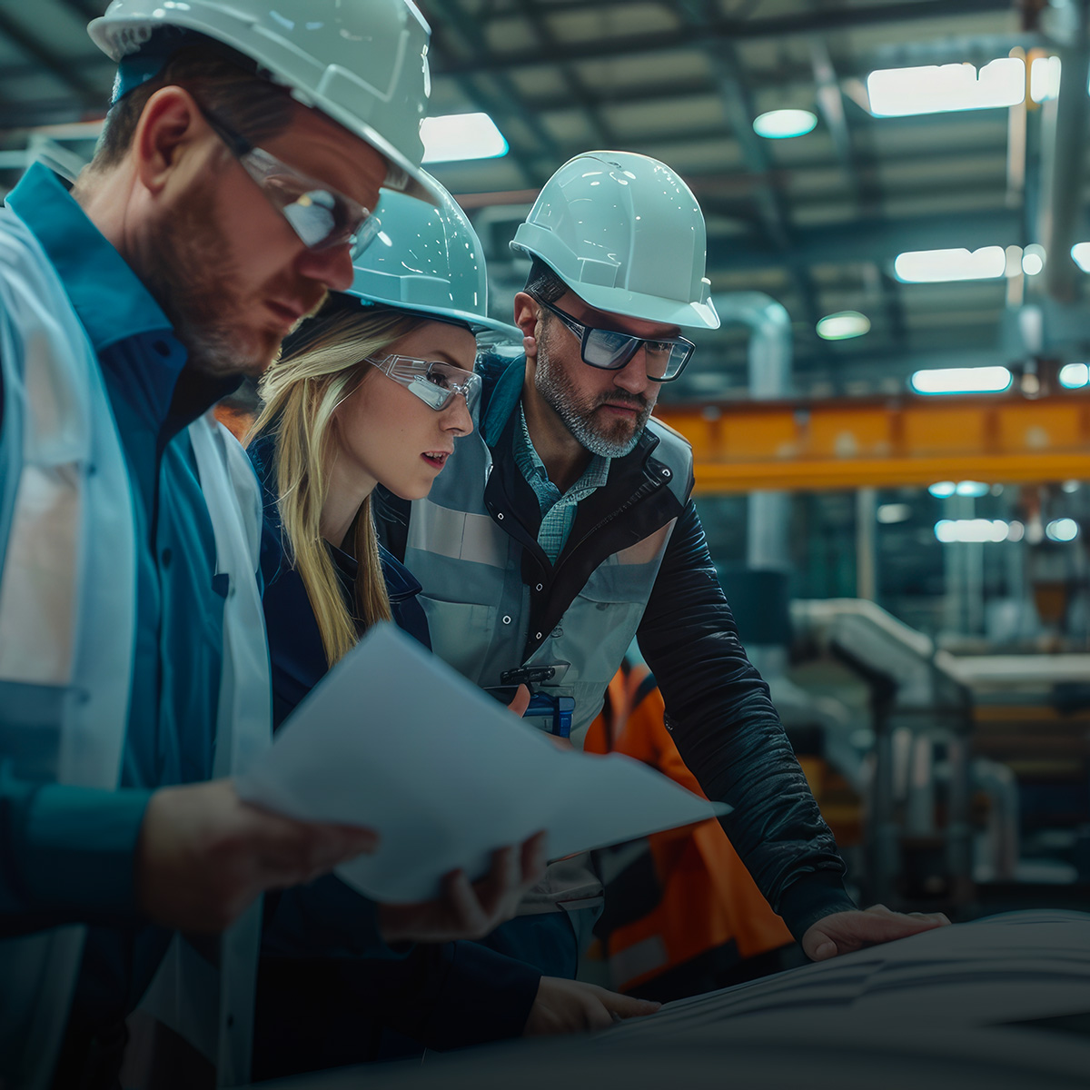 Three people in hard hats examining a blueprint, discussing plans for a construction project.