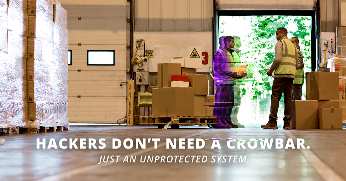 Warehouse workers standing near a loading dock with boxes, while a digital, glitchy figure—representing a hacker—appears among them. Text on image reads: “Hackers don’t need a crowbar. Just an unprotected system.” Visual metaphor for cybersecurity threats in connected warehouse environments.