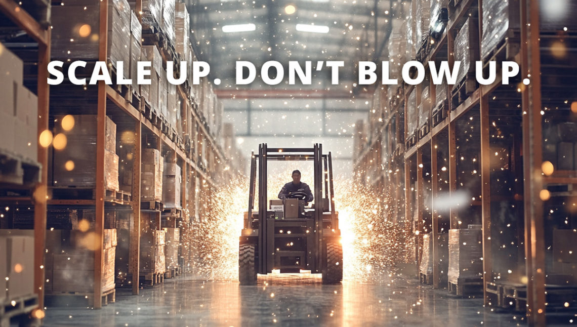 A dramatic warehouse scene with a forklift driving down the center aisle, kicking up a shower of sparks. Tall shelves filled with boxes line both sides, and glowing warehouse lights shine from above. Bold white text across the top reads: “SCALE UP. DON’T BLOW UP.” The image conveys urgency, energy, and the idea of controlled chaos in warehouse operations.