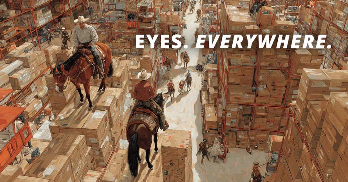 Warehouse packed with stacked boxes and pallets, with cowboys on horseback riding along the aisles, illustrating ‘Eyes Everywhere’ for RFID and intelligent labeling accuracy.