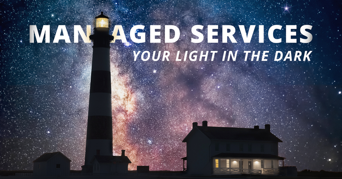 IntegraServ Managed Services represented by a lighthouse shining brightly in a starry night sky, symbolizing guidance, reliability, and “your light in the dark.”