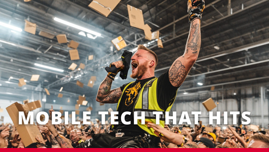 Man holding an MC9400 to his face like a microphone while he crowd surfs through a warehouse wearing a hi-vis vest.