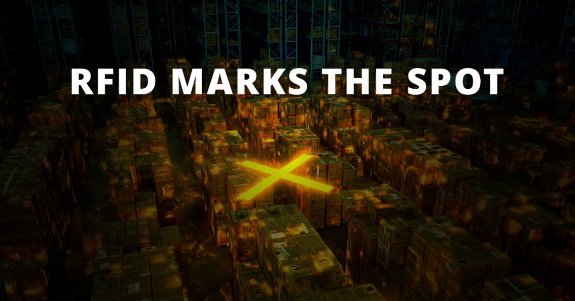 Warehouse filled with stacked pallets glowing with RFID tags, featuring a large golden X in the center, with bold text reading “RFID Marks the Spot.”