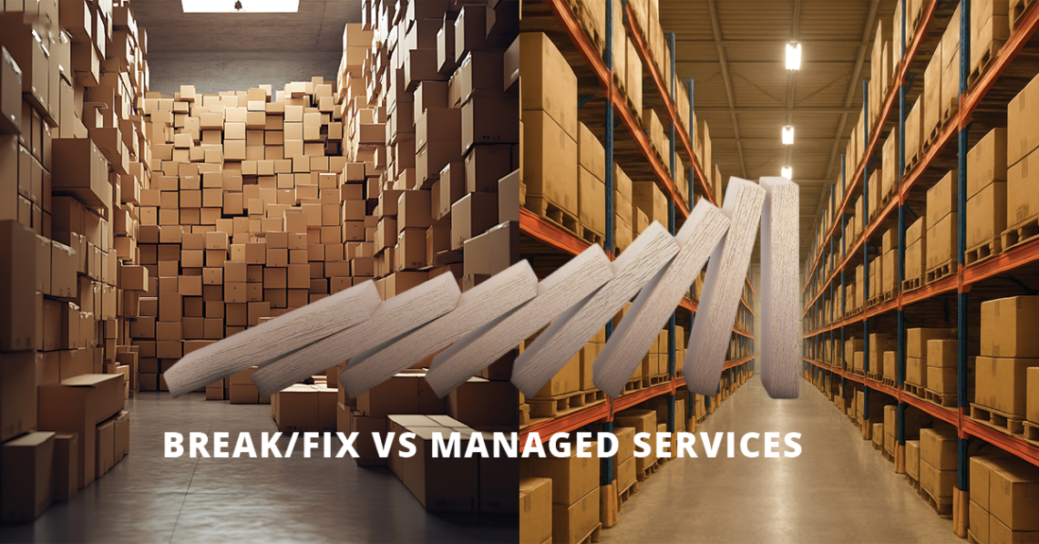 An overfilled warehouse on the left side of a split screen with an organized warehouse on the right,with dominoes overlaying both images showing them falling on the left and standing up on the right. Under the dominoes reads "break/fix vs managed services".