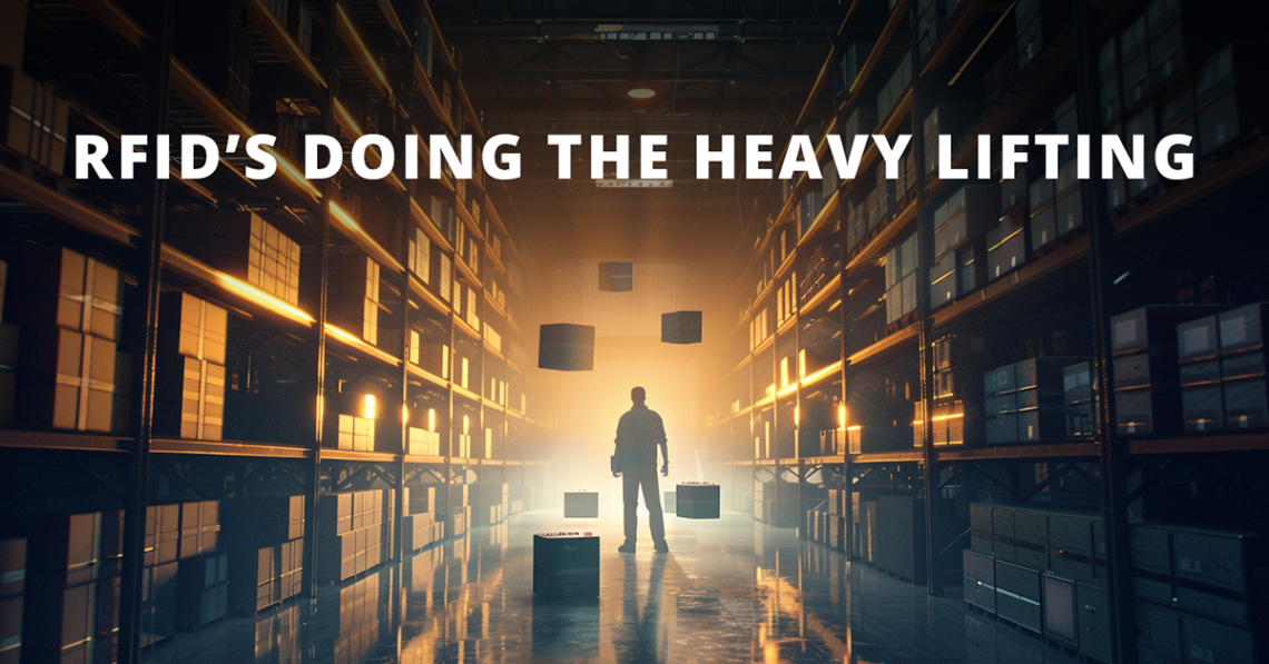 Man standing in a warehouse with boxes floating around him, overlay reads "RFID's doing the heavy lifting"