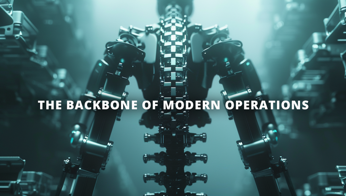 Robot with spine made of metal standing in a furturistic warehouse setting, with a text overlay that says "the backbone of modern operations"