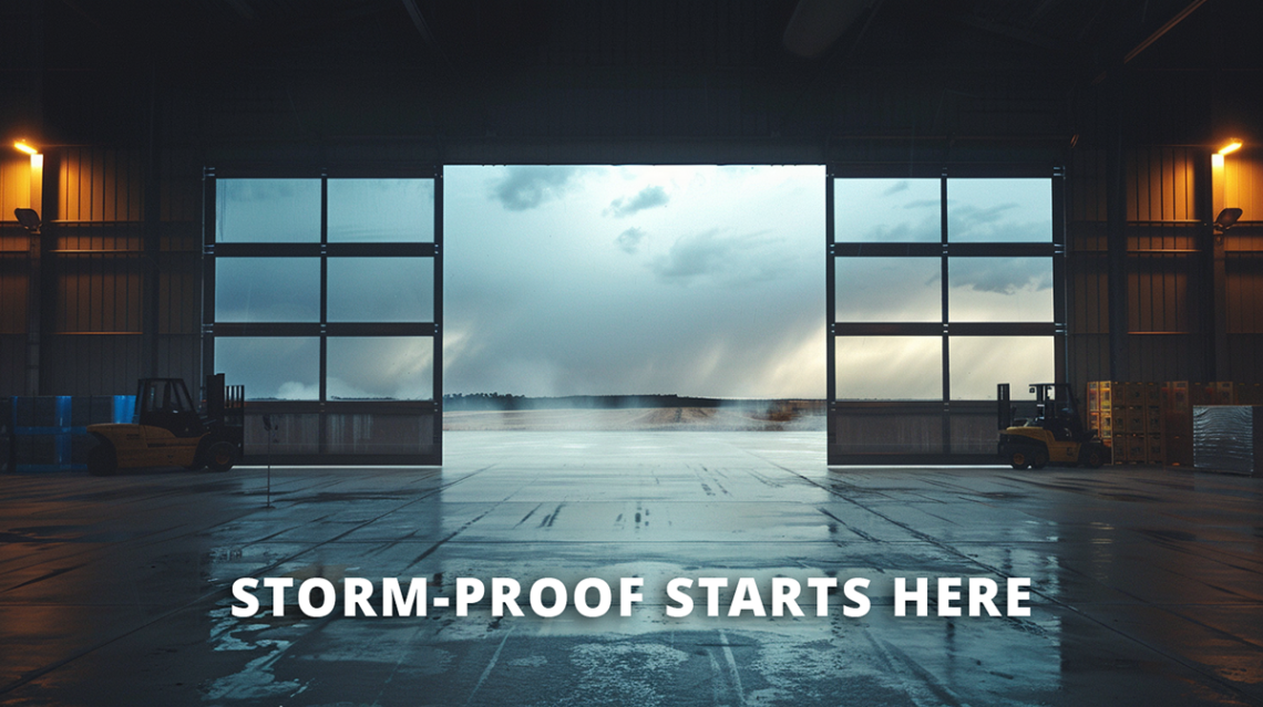 Warehouse bay doors wide open with an impending storm. Text overlay reads "Storm-proof starts here"