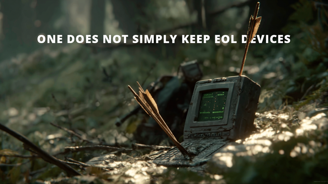 An old computer in the middle of a forest with three arrows sticking out of it. The text overlay reads "one does not simply keep EOL devices"
