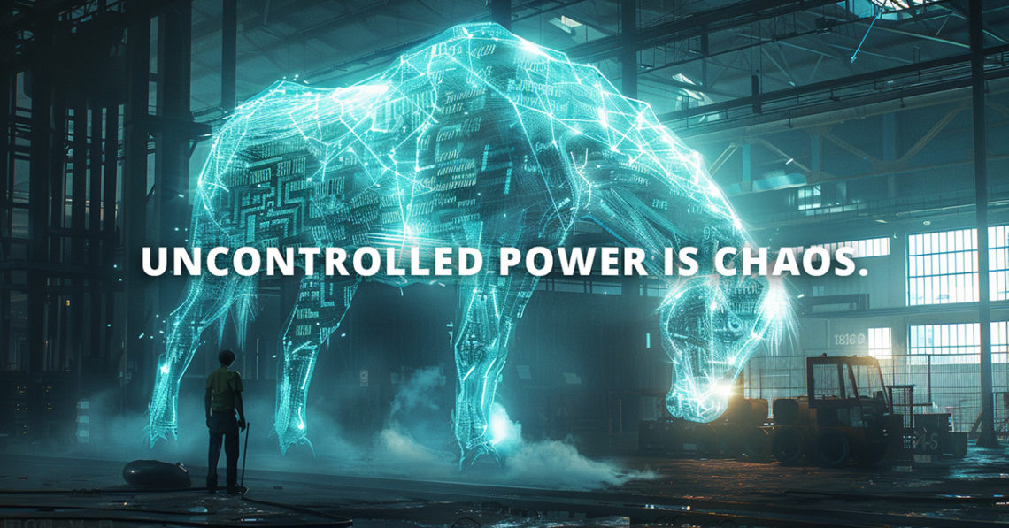 Spectral horse standing in a warehouse with a man trying to control it. Text overlay reads "uncontrolled power is chaos"