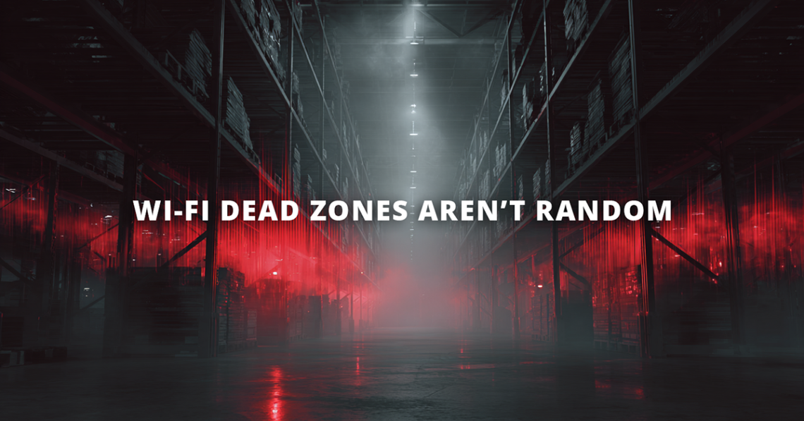 A dark warehouse with glowing red areas marking wi-fi dead zones