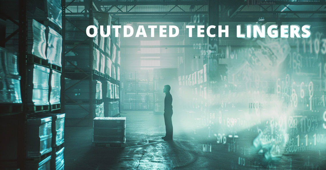 Man standing alone in a spooky warehouse, with a text overlay that reads "outdated tech lingers"